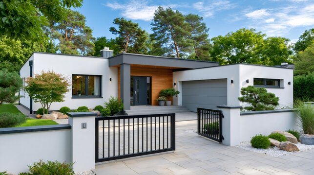 Modern bungalow house exterior with minimal garden design