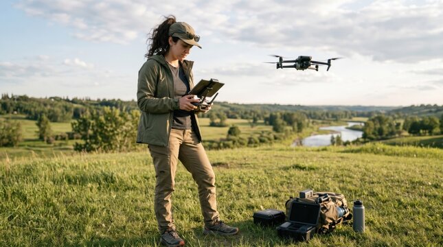 Professional female pilot in outdoor gear maneuvers a quadcopter drone over scenic rolling green hills and a winding river in bright daylight, ideal for modern aerial surveying concepts.