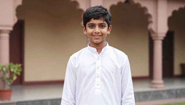 Portrait of a young boy smiling in a traditional white kurta in front of a building