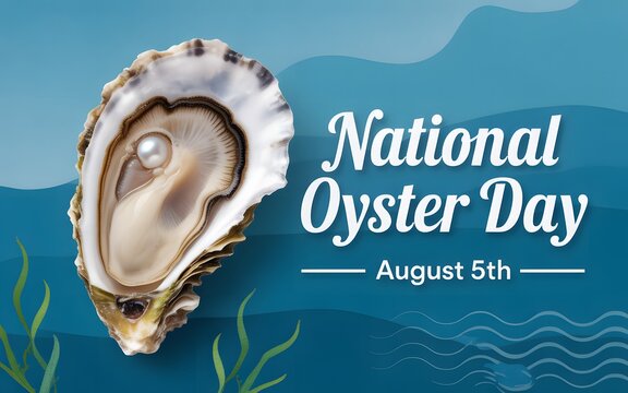 National Oyster Day celebration with a single oyster and pearl on blue background