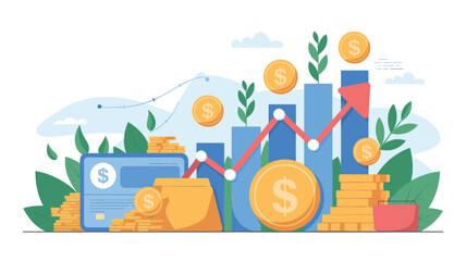 Naklejka premium Financial growth vector illustration, rising business bar chart with gold coins and credit card, investment success concept art
