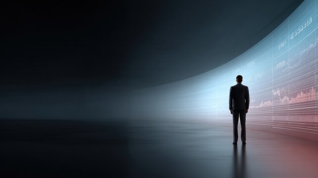 Suited man watches glowing financial data on a dark screen