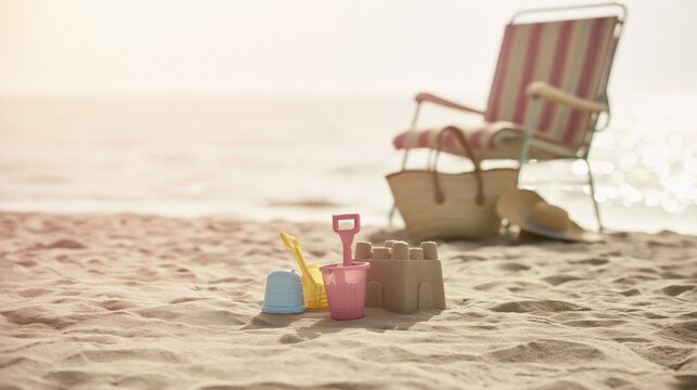 Sand toys, castle & vintage chair on beige sand by sparkling ocean