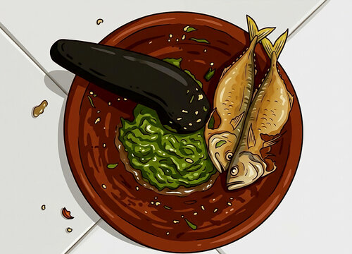 Cartoon vector illustration of Indonesian sambal ijo green chili sauce with fried mackerel fish in clay mortar cobek.