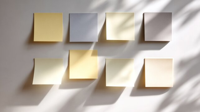 Clean layout of pastel yellow notes on a grey desk with natural daylight and subtle shadows