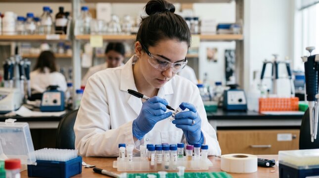Focused female scientist in white lab coat and blue gloves marking test vials in a modern biotechnology laboratory with bright natural lighting, ideal for medical research concepts.