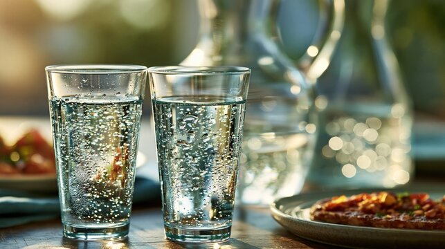 Two full water glasses and a carafe sit on a clean dining table under bright sunlight