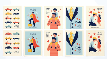 Fototapeta premium Father's Day greeting card collection, vintage flat vector illustrations with dad and children, retro superhero and family celebration posters
