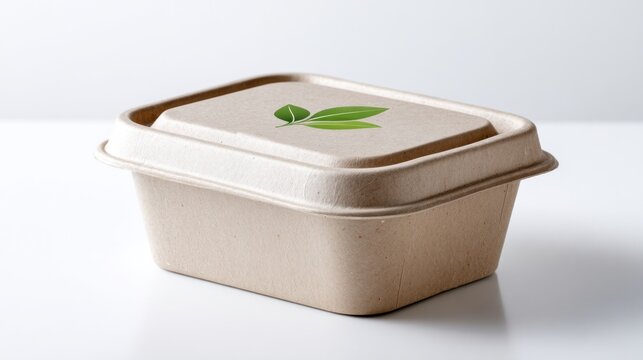 Beige compostable food container with an eco label rests on a plain white surface