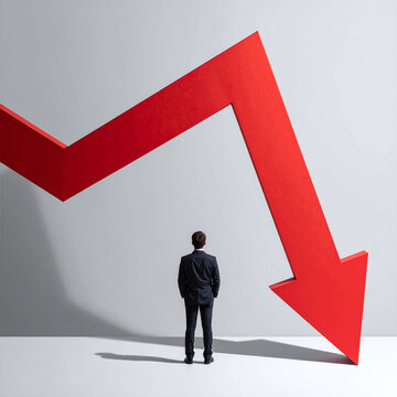 A businessman standing before a massive red arrow plunging downwards, representing financial crisis, economic recession, market collapse, and business loss in a minimalist setting.