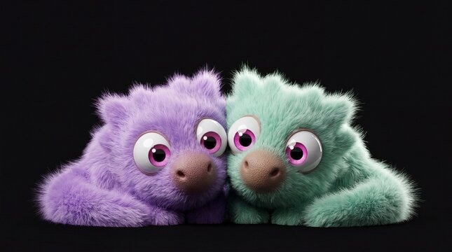 Cute fluffy monsters sitting together, adorable purple and teal green creature partners cuddling in friendship, 3D character design illustration with big pink eyes isolated on black background.