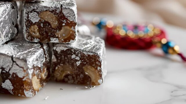 Indian sweets and Rakhi on marble surface.