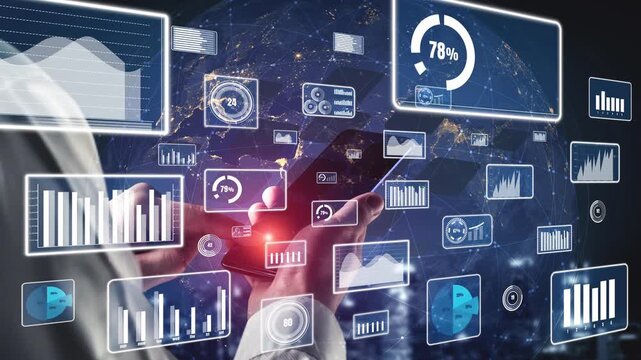 A dynamic view of a smartphone surrounded by digital analytics and data visualization elements, showcasing graphs, charts, and statistics for modern business insights. Xenic