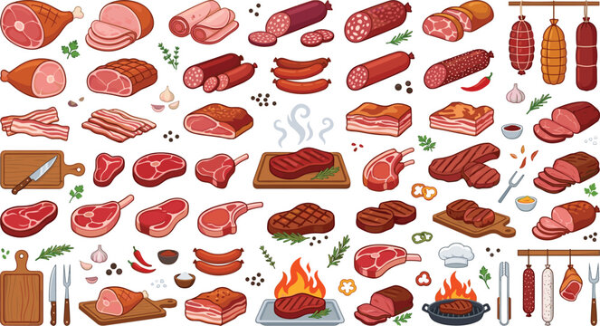 Meat products and barbecue collection featuring steaks sausages bacon ham salami and grilled delicacies vector set