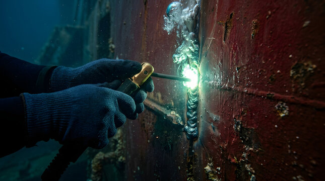 Commercial diver performing underwater wet welding repair on cracked ship hull with electrode holder