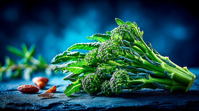Fresh organic broccolini stems on a dark textured surface with blue lighting, broccolini