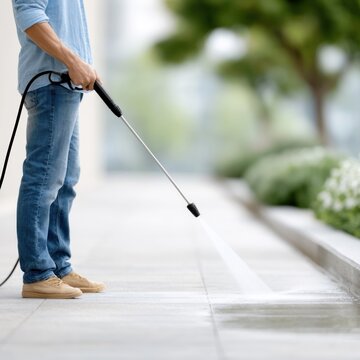 Worker power washes an outdoor walkway, making the dirty concrete clean again