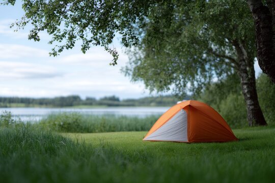 Orange and white tent pitched on soft green grass by a peaceful lake, shaded by trees