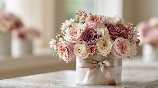 Blush pink & mauve garden roses in cream marble hatbox, satin bow, soft indoor light