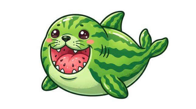 Cute cartoon seal character shaped like a watermelon isolated on white background