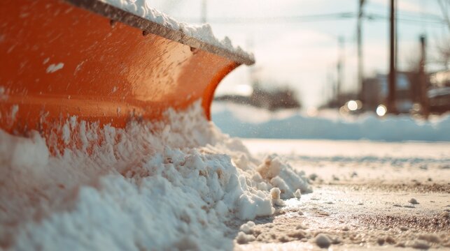 Orange plow blade angled pushing rolling, compressing snow off a street in soft warm daylight