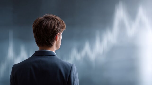 A businessman watches a glowing, abstract financial growth chart in a modern digital space