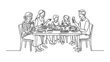 Obraz premium Happy Family Gathering Around Table for Festive Meal, Line Art Illustration