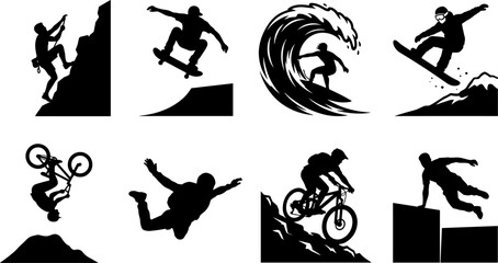 Naklejka premium Extreme sports silhouettes collection featuring rock climbing skateboarding surfing snowboarding mountain biking and parkour on white background