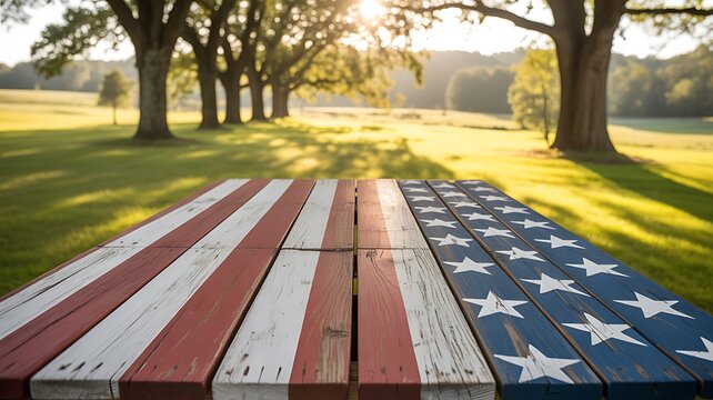 Rustic wooden picnic table painted with an american flag pattern standing in a sunny outdoor park landscape