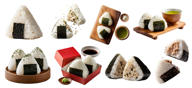Set of onigiri, traditional Japanese rice sushi wrapped in nori seaweed, tuna Mayo Bonito Flakes Pickled Plum, serving board plate with tea wasabi, soya sauce, on transparent cutout PNG mockup