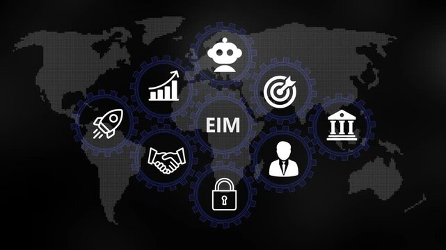 EIM for Business and Finance Concept. Rotating gear mechanism process settings icon animation. Technology, Internet and network concept on world background. 4k video