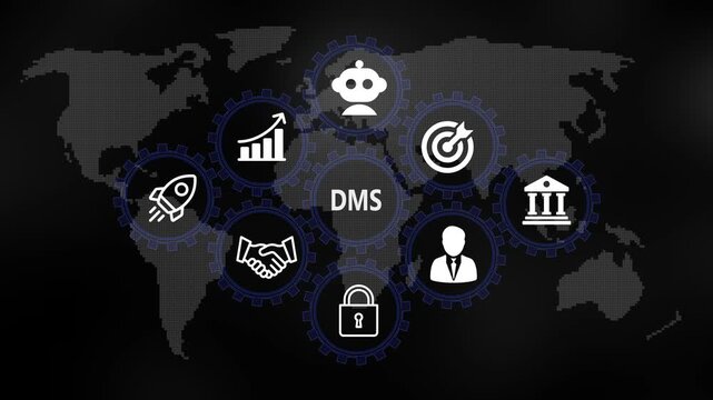 DMS for Business and Finance Concept. Rotating gear mechanism process settings icon animation. Technology, Internet and network concept on world background. 4k video