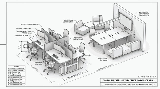 Isometric luxury office workspace layout with furniture and technology integration