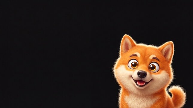 Cute Shiba Inu dog cartoon smiling on black background with copy space. Happy orange puppy character illustration, cheerful Japanese dog breed mascot graphic for your creative web design templates.