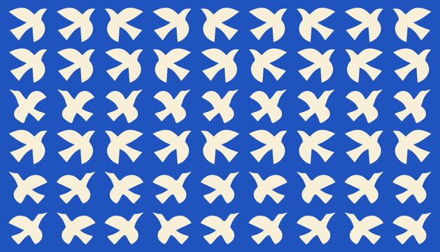 Geometric flying bird tessellation seamless pattern background with cream silhouettes on blue.
