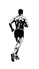 Obraz premium Black and white illustration of a muscular man running viewed from the back with detailed muscle definition and athletic posture.