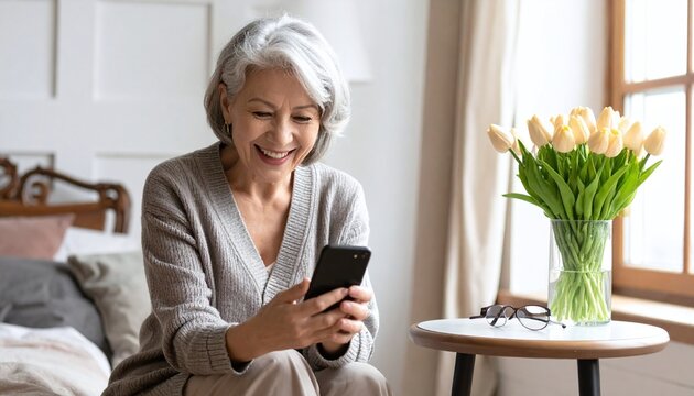 Cheerful senior woman smiling while using her smartphone in a cozy, bright bedroom. Ideal for concepts of active aging, digital connectivity, modern technology, and senior lifestyle.