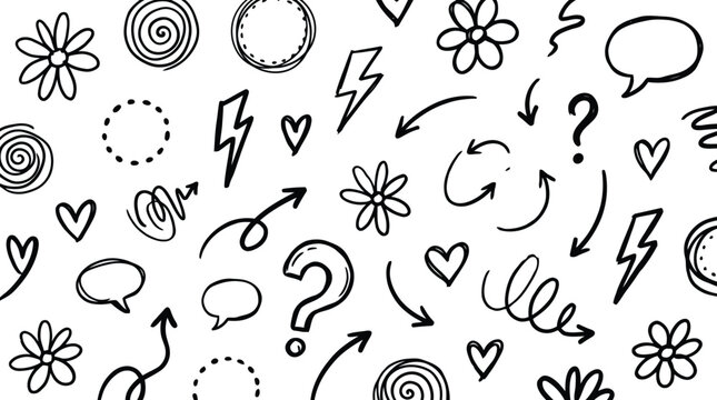 Hand drawn doodle set featuring black ink shapes like flowers arrows hearts lightning bolts question marks and speech bubble icons