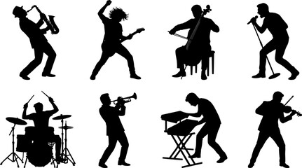 Musicians silhouette set playing instruments including guitar saxophone drums cello violin trumpet and singing on white background © Utpal