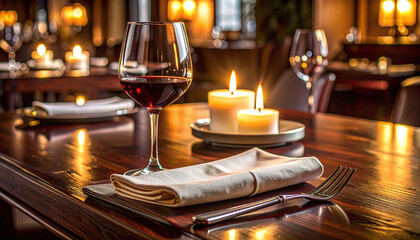Obraz premium An elegant glass of rich red wine, a folded napkin, and a fork rest on a wooden table, beautifully illuminated by the warm, romantic glow of candles in a cozy, intimate restaurant setting.