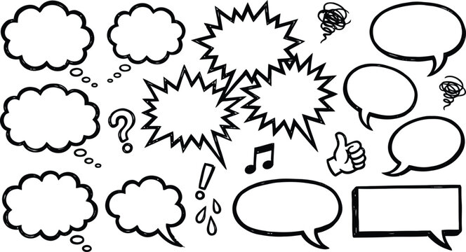 Hand drawn collection of comic speech bubbles featuring varied shapes and expressive elements rendered in bold black ink lines