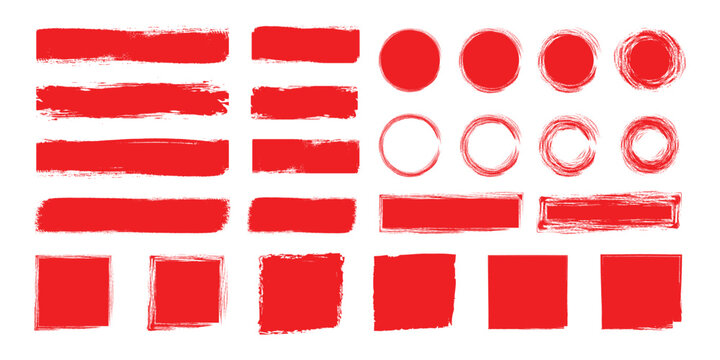 Red paint brush strokes scribble ovals circle and highlight. Hand-drawn pen line highlight set. Collection of different brushstrokes, underline, box and artistic design elements on white background.