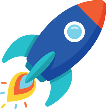 Colorful cartoon rocket ship flying fast in space with bright fire exhaust flame