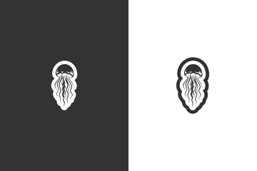 Simple jellyfish icon in black and white on contrasting backgrounds © DzgnVibe