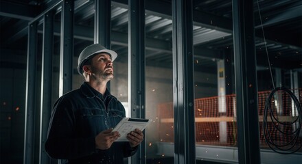 Fototapeta premium Construction Manager Inspecting Building Plans On Tablet