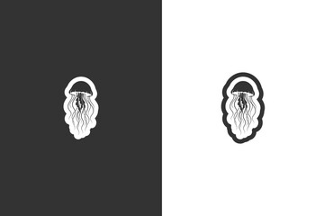 Simple jellyfish icon design displayed on contrasting dark and light backgrounds © DzgnVibe