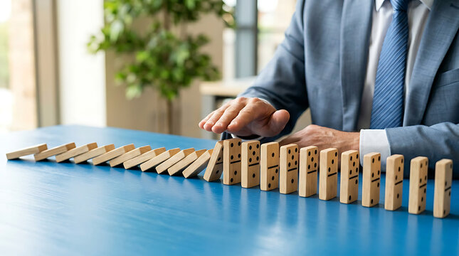 Businessman's hand blocks a falling domino chain, illustrating strategic prevention, risk management, and proactive crisis intervention in a business context