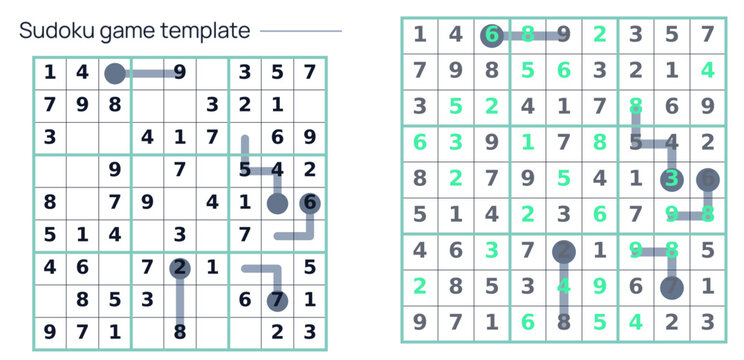 Sudoku game template with empty grid and completed puzzle illustration  