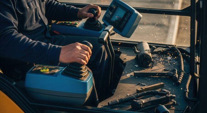Construction Equipment Operator Controlling Heavy Machine With Joysticks And A Screen Visible