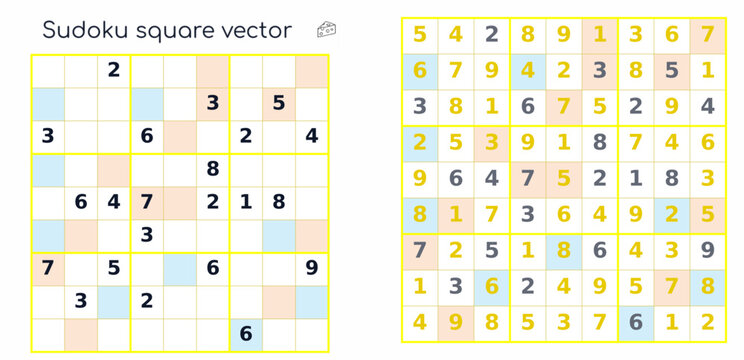 Sudoku puzzle grid with partially solved numbers and completed board  